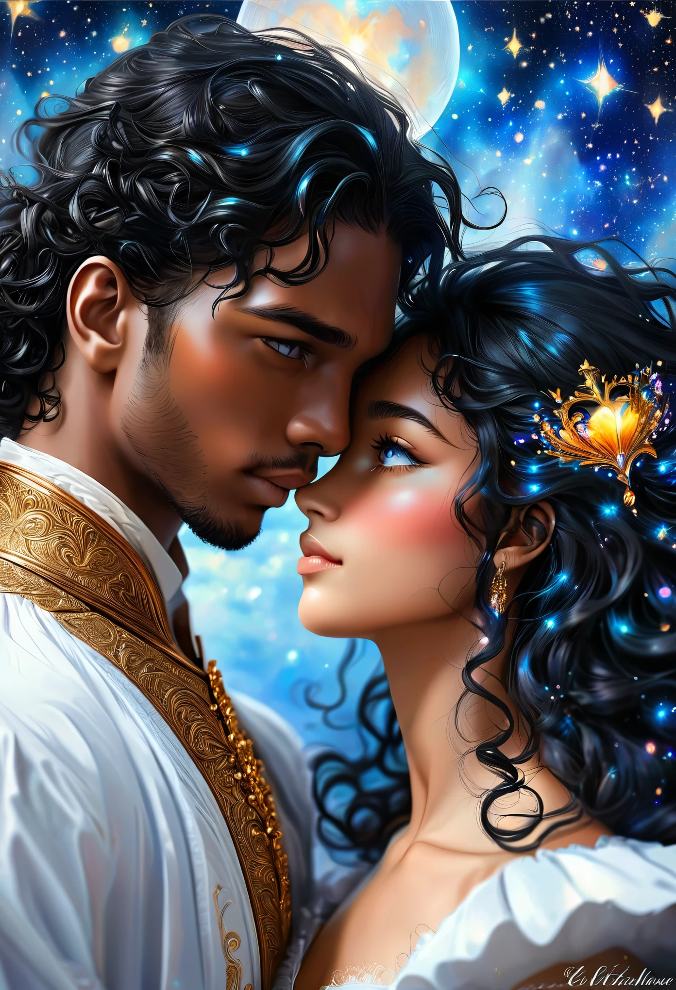 Novel in a celestial landscape, le titre est Another chance, jeune couple (((darkskin))) amoureux de 25 ans qui se fait un calin, dans un bureau, elle est une nymphe céleste noire de peau avec des cheveux noirs courts, he is a young crowned imperial prince with dark skin and long curly hair, il a les yeux bleu, elle a les yeux gris, couple torride, visage très fins, colored eyes, (((beautiful))), visages parfaits, corps entier, Romantic scene, Voie romantique