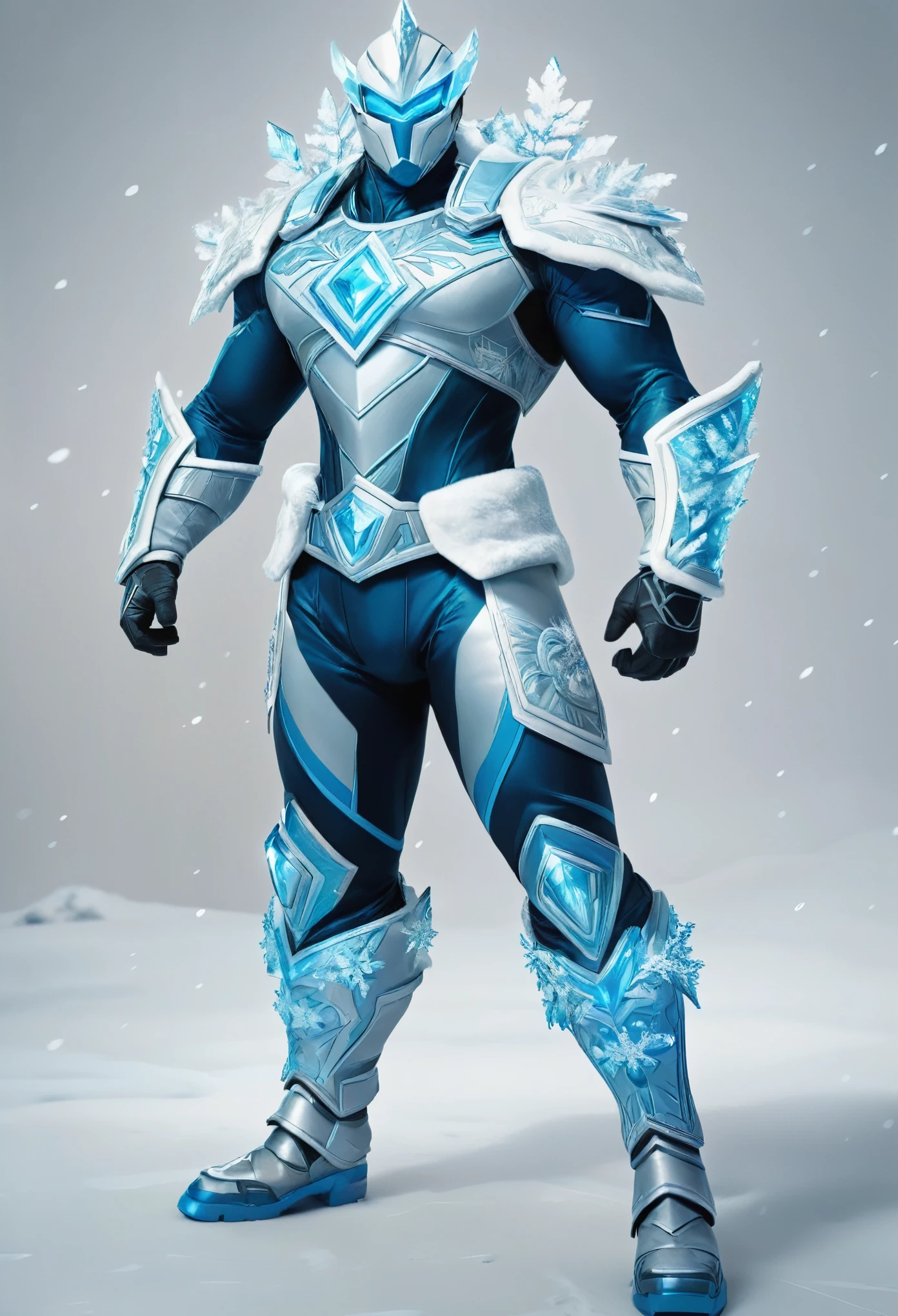 “A muscular man, shirtless, in a Kirbywood style, with vintage color comics, showcasing sharp focus, hi-res details, and intricate features, creating a masterpiece at 8k quality.” Arctic Frost Ranger: A suit featuring icy blue and frosty white hues, accented with snowflake patterns and frost crystals. This Ranger commands the power of ice and cold, with abilities such as creating blizzards, forming ice constructs for defense, and freezing enemies in their tracks. Frostbite Ranger: A suit with icy blue and white colors, like snow and ice. This Ranger can freeze enemies with ice blasts, create protective ice shields, and summon blizzards to slow down foes.