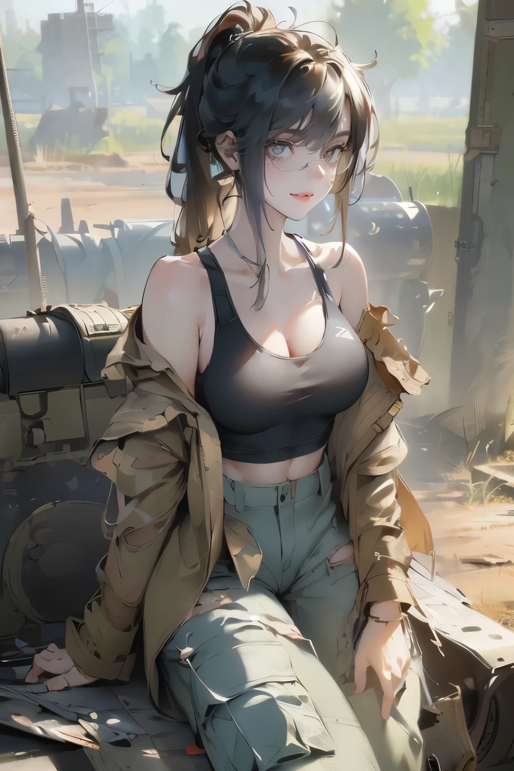 ((wide angle image)), beautiful female veteran, black hair in a ponytail, bangs, wearing large glasses, covering a wound, injured, smiling confidently, (((wearing a white military tank top, layered with a ww2 Oversized military shirt , wearing ww2 military pants Oversized, Off shoulders, Distressed, worn-out))), on the ww2 battlefield