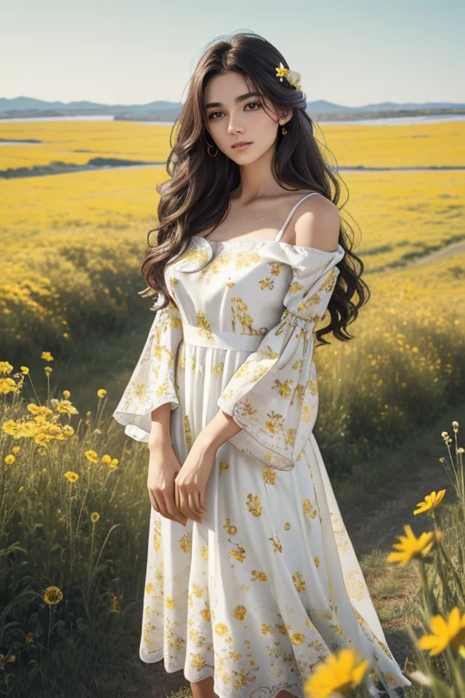 (Beautiful girl_one person),(long hair_dark brown,Bold waves),(pretty face_Clear facial features,expressionless,White skin,immaculately clear),((costume_Pure white dress(yellow floral pattern)),(whole body_Good ratio),(background_Vast grasslands_wild flower with unknown name),(style_realistic,realistic details),(picture quality_high quality,8K),