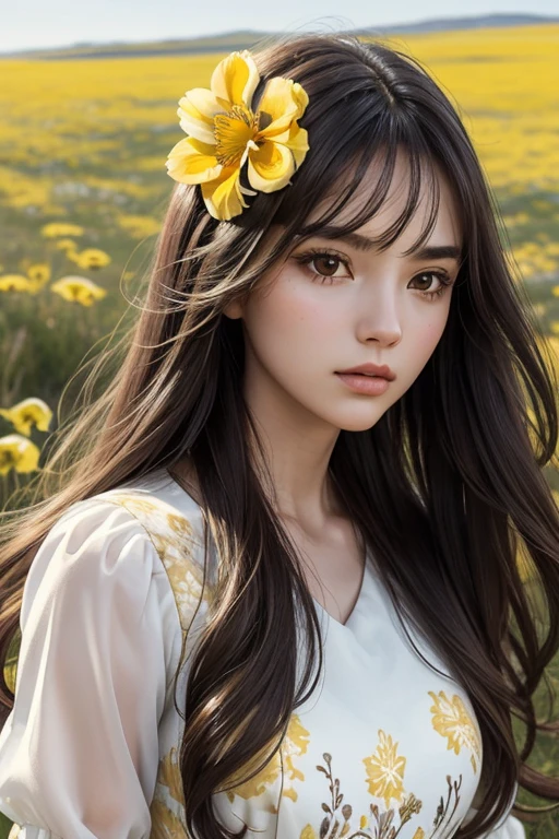 (Beautiful girl_one person),(long hair_dark brown,Bold waves),(pretty face_Clear facial features,expressionless,White skin,immaculately clear),((costume_Pure white dress(yellow floral pattern)),(whole body_Good ratio),(background_Vast grasslands_wild flower with unknown name),(style_realistic,realistic details),(picture quality_high quality,8K),