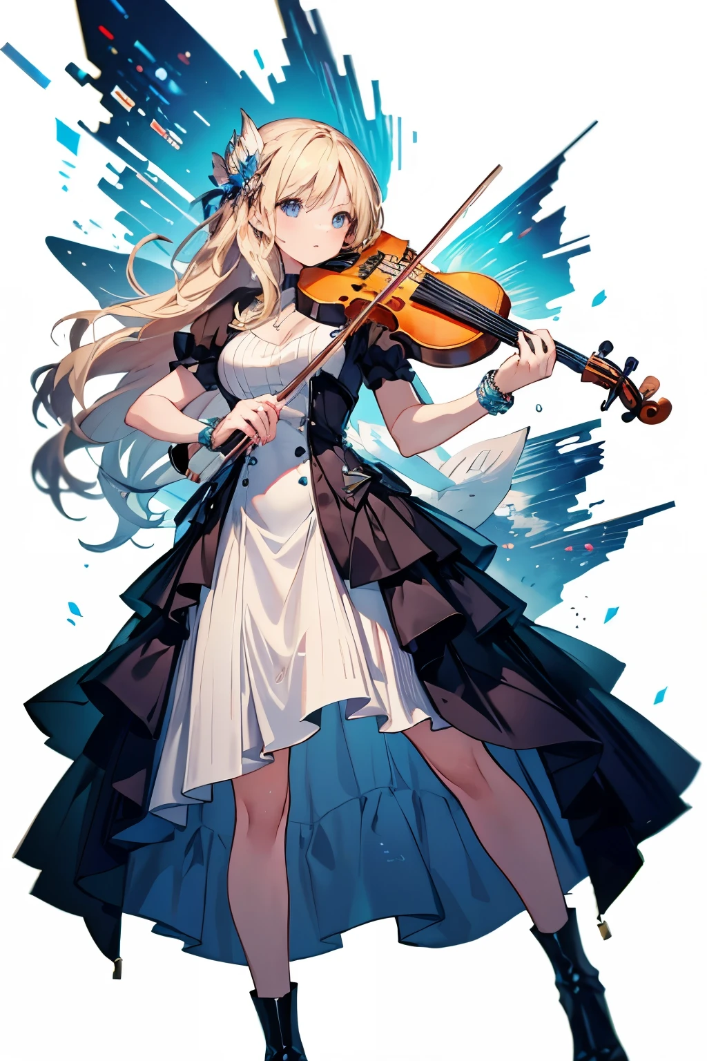 there is an animated image of a young lady playing violin in clothes, 1girl, dress, instrument, blonde hair, violin, playing instrument, music, solo, long hair, musical note, full body, white background, blue eyes, jewelry