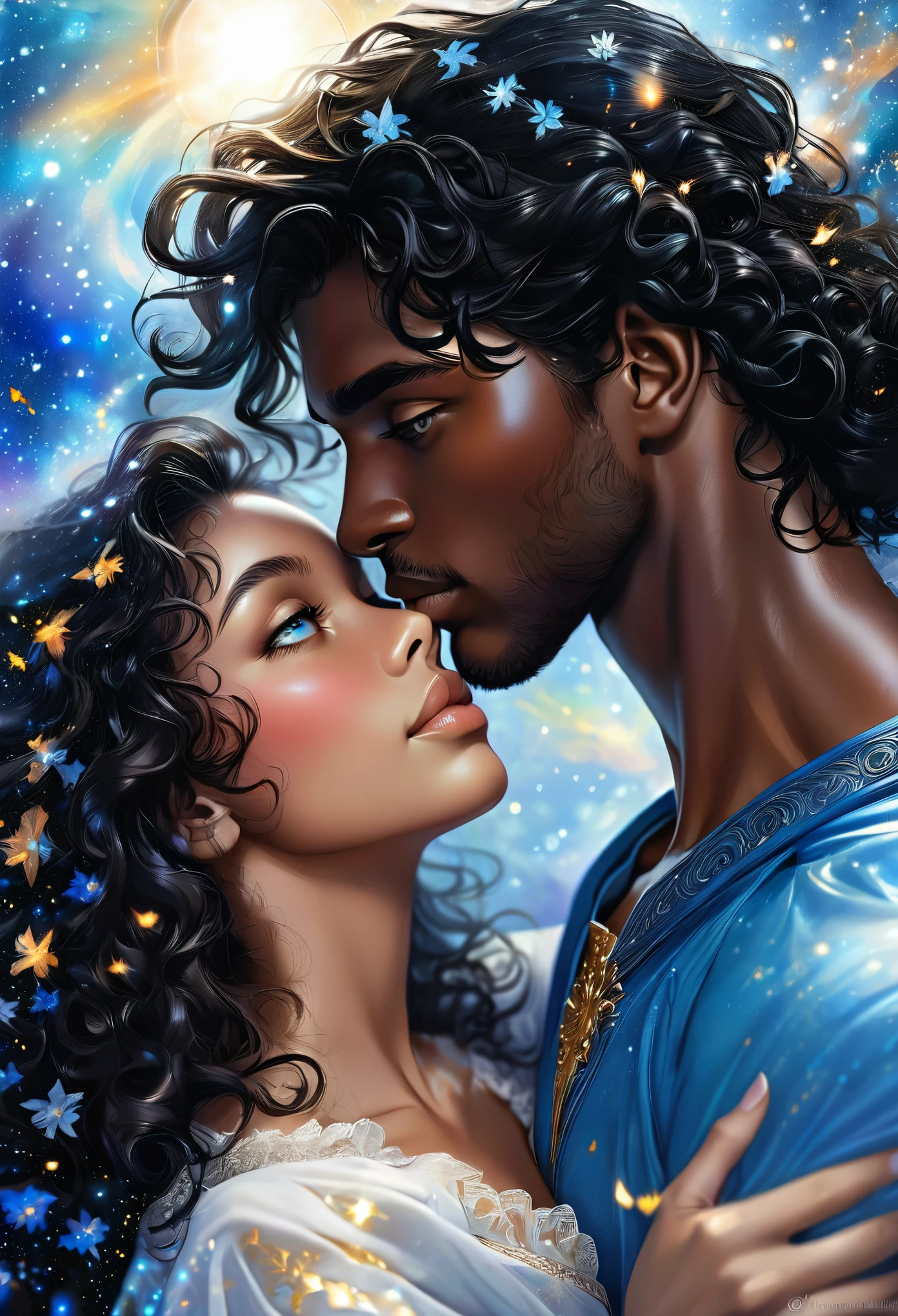 Novel in a celestial landscape, le titre est Another chance, jeune couple (((darkskin))) amoureux de 25 ans qui se fait un calin, dans un bureau, elle est une nymphe céleste noire de peau avec des cheveux noirs courts, he is a young crowned imperial prince with dark skin and long curly hair, il a les yeux bleu, elle a les yeux gris, couple torride, visage très fins, colored eyes, (((beautiful))), visages parfaits, corps entier, Romantic scene, Voie romantique