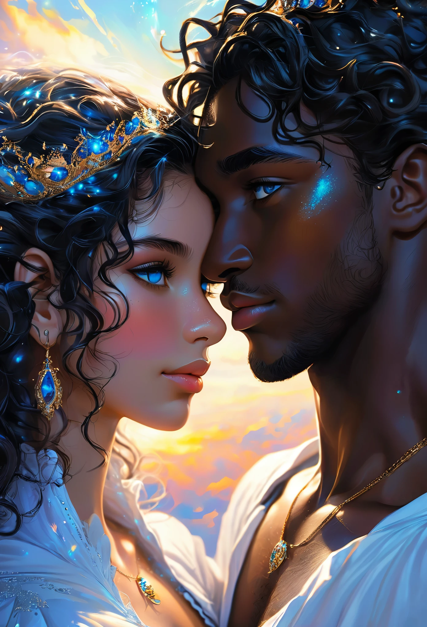 Novel in a celestial landscape, le titre est Another chance, jeune couple (((darkskin))) amoureux de 25 ans qui se fait un calin, dans un bureau, elle est une nymphe céleste noire de peau avec des cheveux noirs courts, he is a young crowned imperial prince with dark skin and long curly hair, il a les yeux bleu, elle a les yeux gris, couple torride, visage très fins, colored eyes, (((beautiful))), visages parfaits, corps entier, Romantic scene, Voie romantique