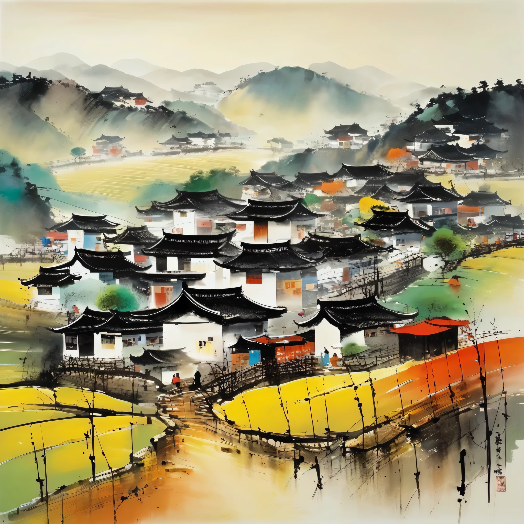 There is a drawing of a street，People walk and ride horses, Chinese village, dreamy Chinese towns, old asian village, japanese town, traditional korean city, in the edo era, author：Qu Leilei, Chinese watercolor style, ancient china art style, Japanese village, author：Yi Renwen, old japanese street market, Chinese style painting, by Ni Yuanlu, edo era