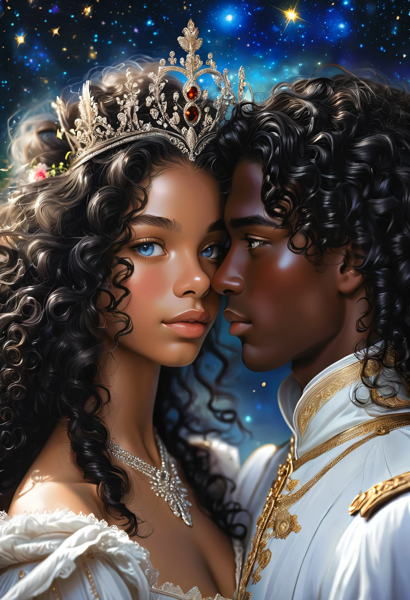 Novel in a celestial landscape, le titre est One night with you, jeune couple (((darkskinned))) amoureux de 25 ans qui se fait un calin, dans un bureau, elle est une nymphe céleste noire de peau avec des cheveux noirs courts, he is a young crowned imperial prince with dark skin and long curly hair, il a les yeux bleu, elle a les yeux gris, couple torride, visage très fins, colored eyes, (((beautiful))), visages parfaits, corps entier, Romantic scene, Voie romantique