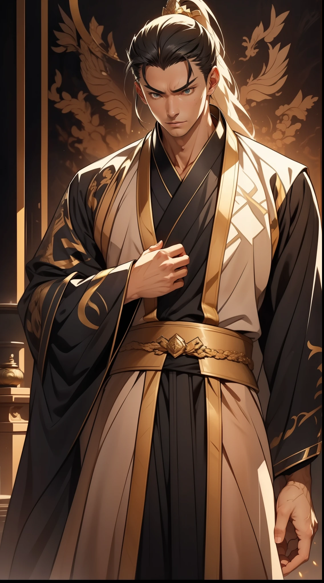 one person（male warrior），proportions are correct，facial details，swordsman，high ponytail hairstyle，neck detail，Have an Adam&#39;s apple，Black and gold robe，joke，Black and gold robe，clothing details，Hand over，long sleeves，Game quality，fencing，Ray tracing，Ray tracing，Detailed glow，CG rendering，hair details，Long black and blond hair，Black-gold eyes，Handsome，Handsome，（Youthful feeling），Costumes are complicated，Perfect composition，refine，high quality，higher details，many details，Complex background，a sense of atmosphere，
