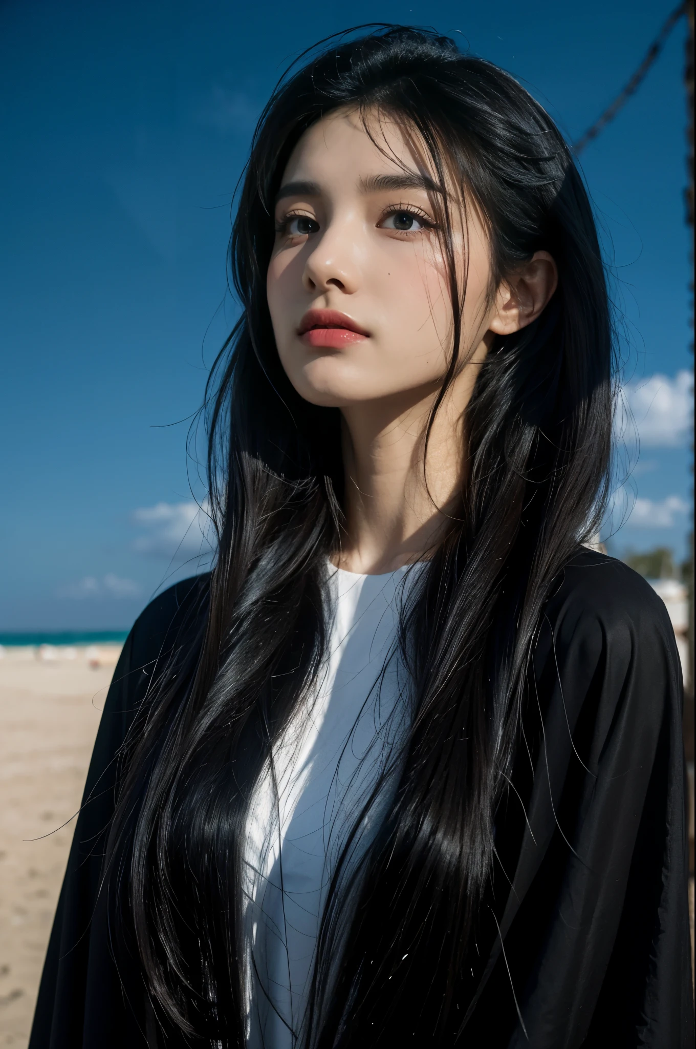 (South Iranian girl),(Arab make-up),(ruined city),(An old ruined beach), (a tired beautiful girl with long hair,), (diffuse colors), (black tones), (unworthy), (no limits), (unpredictable), (surreal), (professional composition), (award winning composition) creative , (artistic expression), (extreme composition), (spontaneous composition), (black filter), (surreal theme), (diffuse creatures), (diffuse figures), disturbing visual expression, unusual chromatic contrast, somber, Lekrot