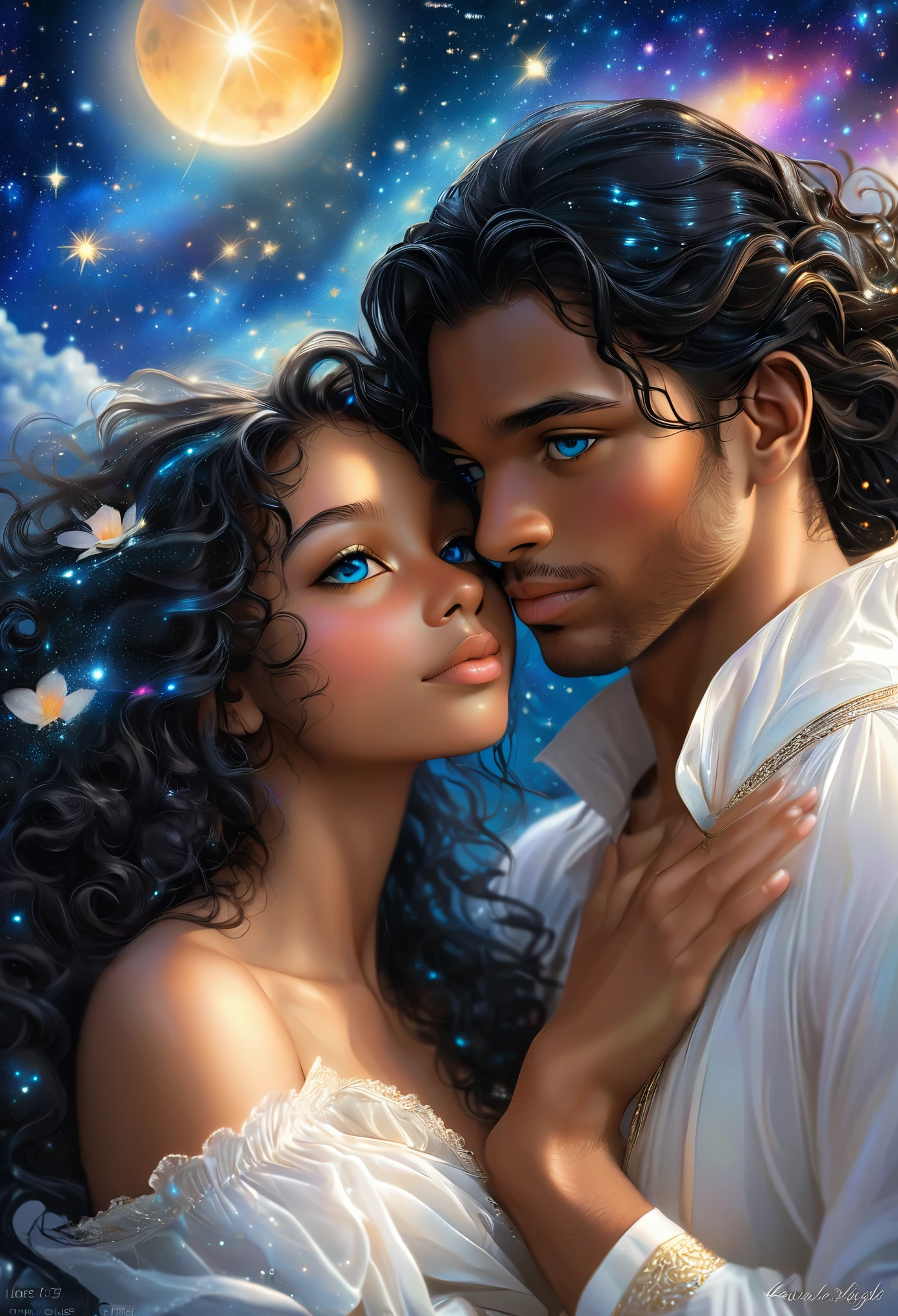 Novel in a celestial landscape, le titre est One night with you, jeune couple (((darkskinned))) amoureux de 25 ans qui se fait un calin, dans une chambre, she is a black skinned celestial nymph with (((des cheveux noirs courts))), he is a young crowned imperial prince with dark skin and long curly hair, il a les yeux bleu, elle a les yeux gris, couple torride, visage très fins, colored eyes, (((beautiful))), visages parfaits, corps entier, Romantic scene, Voie romantique, scene torride