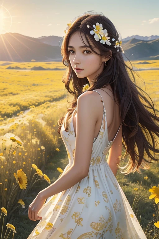 (Beautiful girl_one person),(long hair_dark brown,Bold waves),(pretty face_Clear facial features,expressionless,White skin,immaculately clear),((costume_Pure white dress(yellow floral pattern)),(whole body_Good ratio),(background_Vast grasslands_wild flower with unknown name),(background_Dazzling sunlight behind the girl's back,warm sunshine),(style_realistic,realistic details),(picture quality_high quality,8K),