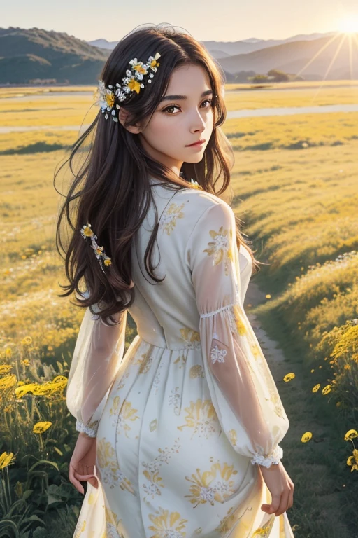 (Beautiful girl_one person),(long hair_dark brown,Bold waves),(pretty face_Clear facial features,expressionless,White skin,immaculately clear),((costume_Pure white dress(yellow floral pattern)),(whole body_Good ratio),(background_Vast grasslands_wild flower with unknown name),(background_Dazzling sunlight behind the girl&#39;s back,warm sunshine),(style_realistic,realistic details),(picture quality_high quality,8K),