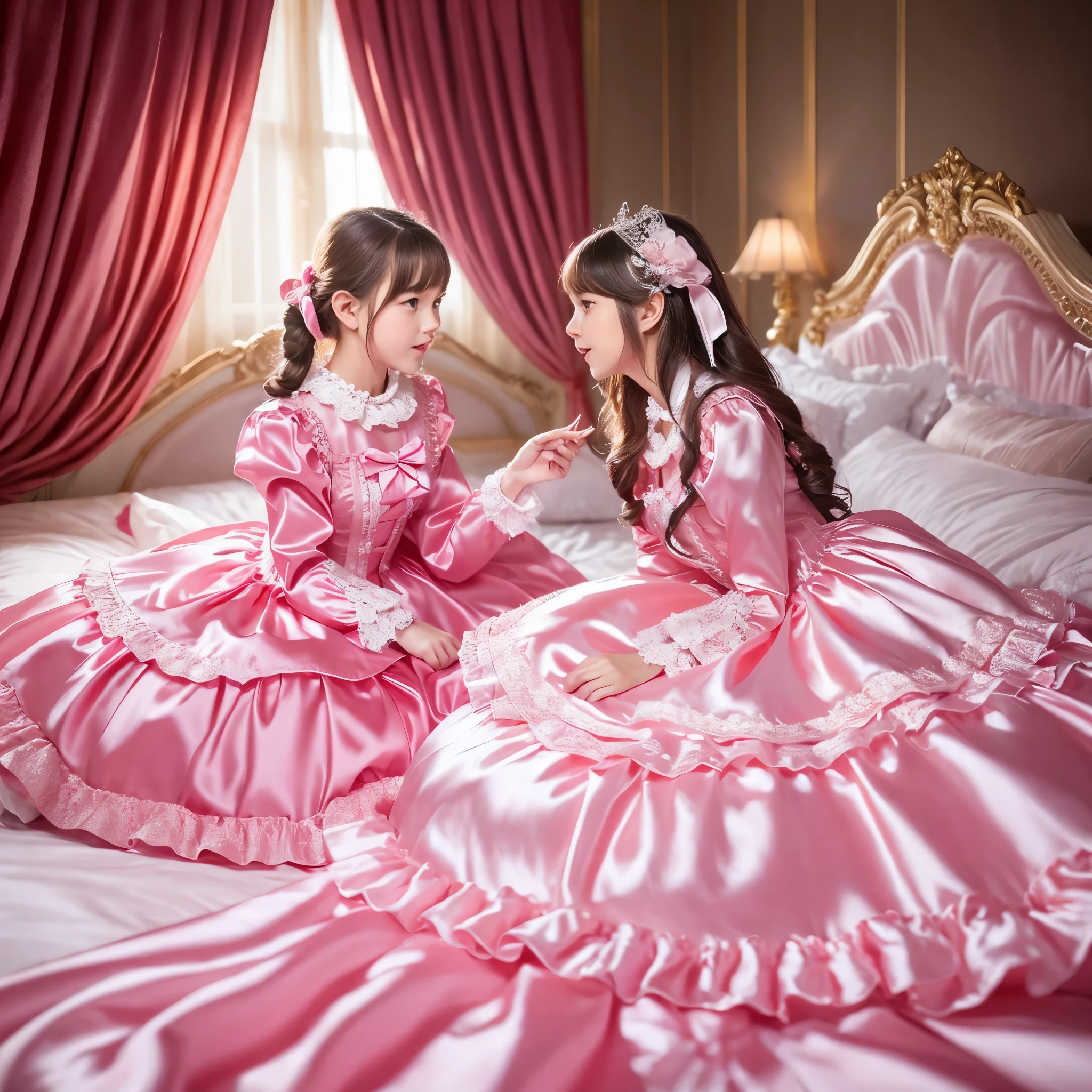 ,highest quality, masterpiece, highest resolution, artwork, super それにget used to it, many get used to it, get used to it, それにget used to it, 3K realistic photos,,(( girls)),Super detailed baby face,both arees,detailed luxury tiara,Full length ball gown dress with hoop skirt,ruffle yoke collar,Detailed braided ribbon at chest,puff sleeves,long sleeve,((lolita style hot pink princess satin dress、Comes with lots of frills and ribbons。)),crazy&#39;colorful fashion,shiny silk satin dress,soft and smooth silk satin fabric,luxury,Very long blonde hair,blue eyes,white skin european,pajamas,((inside the palace)),Princess dancing happily,gorgeous flowing dress,fine white frills and lace,Super long hair that is as tall as your body,white long socks,drawers with lots of frills,castle bedroom at night,Super long flowing hair,on the bed,豪華な天蓋付きon the bed,巨大な広いon the bed,Pink pillow with lots of frills,Silk satin pink curtains with luxurious ruffles and ribbons surround the bed,princess sitting on bed,Pillows piled up behind the princess,A princess leaning on a pile of pillows,Long hair scattered like a fan on the bed,