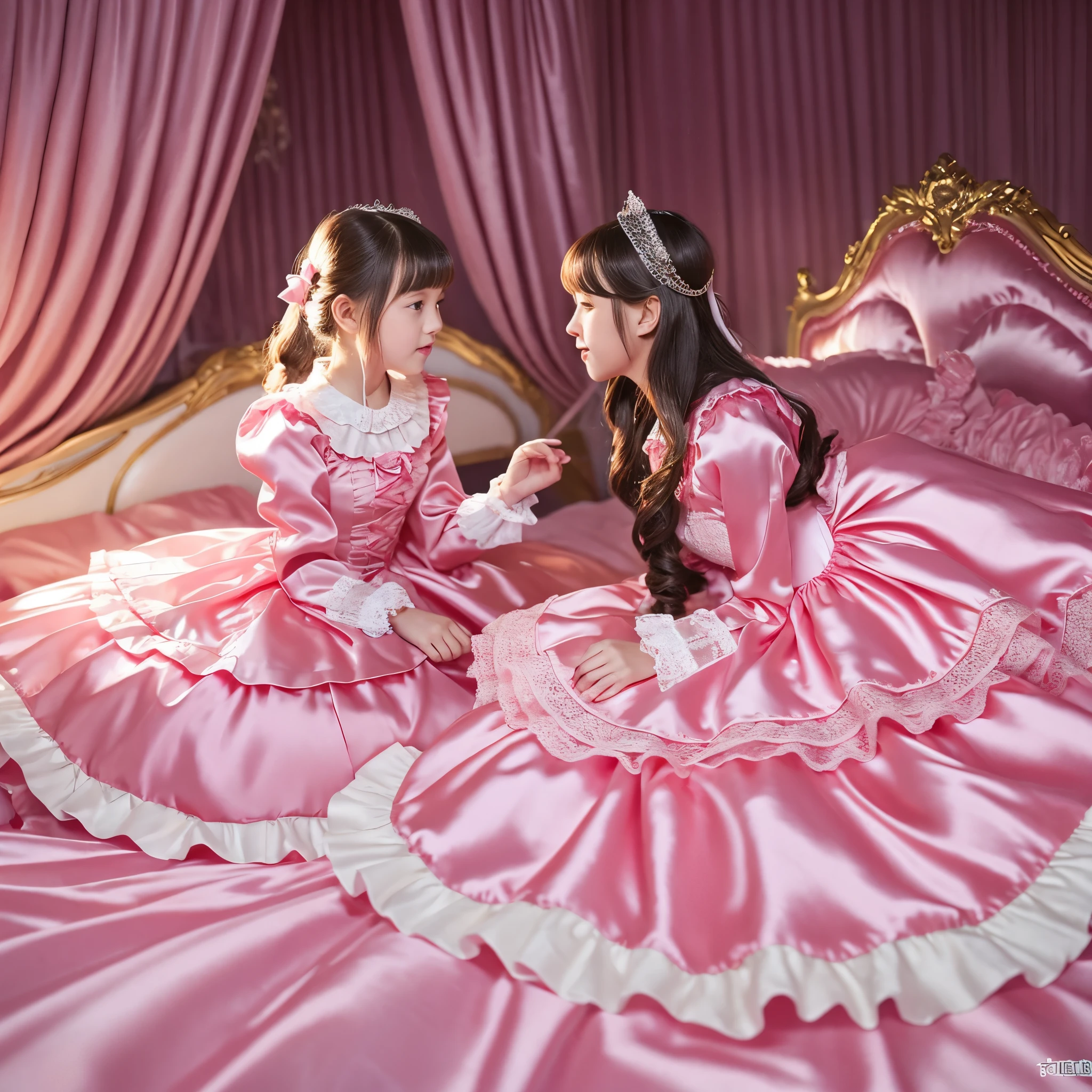 ,highest quality, masterpiece, highest resolution, artwork, super それにget used to it, many get used to it, get used to it, それにget used to it, 3K realistic photos,,(( girls)),Super detailed baby face,both arees,detailed luxury tiara,Full length ball gown dress with hoop skirt,ruffle yoke collar,Detailed braided ribbon at chest,puff sleeves,long sleeve,((lolita style hot pink princess satin dress、Comes with lots of frills and ribbons。)),crazy'colorful fashion,shiny silk satin dress,soft and smooth silk satin fabric,luxury,Very long blonde hair,blue eyes,white skin european,pajamas,((inside the palace)),Princess dancing happily,gorgeous flowing dress,fine white frills and lace,Super long hair that is as tall as your body,white long socks,drawers with lots of frills,castle bedroom at night,Super long flowing hair,on the bed,豪華な天蓋付きon the bed,巨大な広いon the bed,Pink pillow with lots of frills,Silk satin pink curtains with luxurious ruffles and ribbons surround the bed,princess sitting on bed,Pillows piled up behind the princess,A princess leaning on a pile of pillows,Long hair scattered like a fan on the bed,