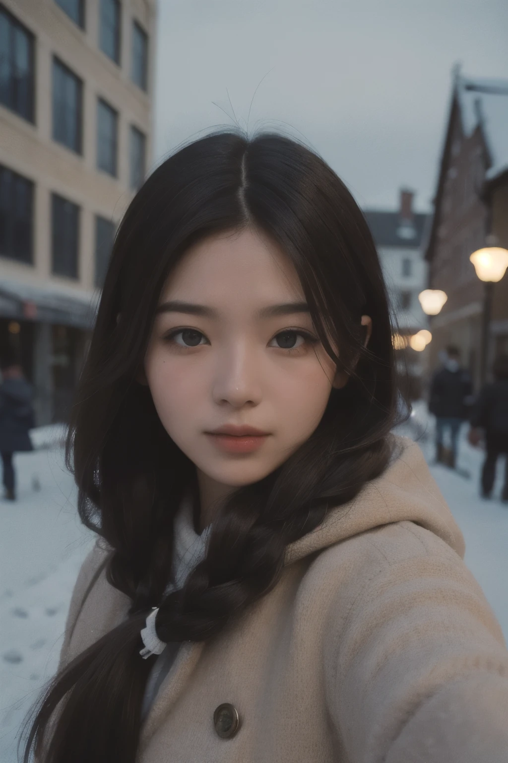 smile、random hair style、Winter clothes、building street、random angle、((realistic lighting, highest quality, 8k, masterpiece: 1.3)), clear focus: 1.2, 1 girl, perfect figure: 1.4, ((dark brown hair)), (outdoors, night: 1.1), super detailed face, fine eyes, double eyelid,random angle