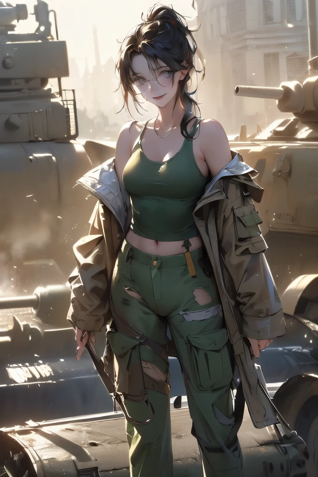 ((wide angle image)), beautiful female veteran, black hair in a ponytail, bangs, wearing large glasses, covering a wound, injured, smiling confidently, (((wearing a white military tank top, layered with a ww2 Oversized military shirt , wearing ww2 military pants Oversized, Off shoulders, Distressed, worn-out))), on the ww2 battlefield