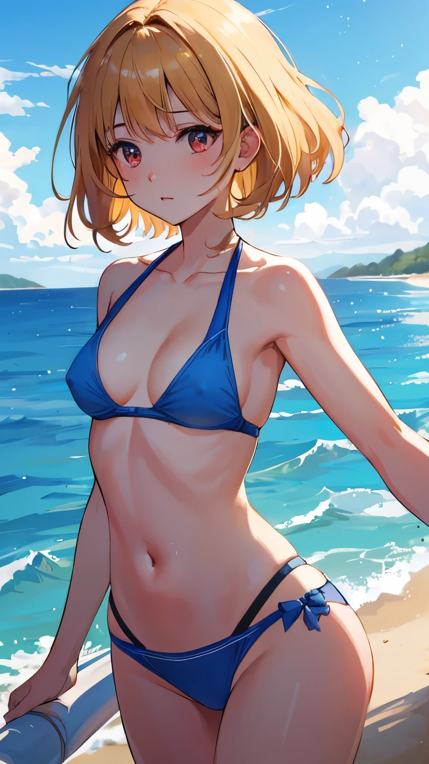 young girl　blonde　white swimsuit　　short hair　red eyes　irreverent face　look down　thin body　thin thighs　small breasts　small ass　I can see the breasts　I can see the nipples　toned body　bikini top　blue sky　cloud　hair blowing in the wind　high quality　high resolution　8K transparent swimsuit　bikini swimwear