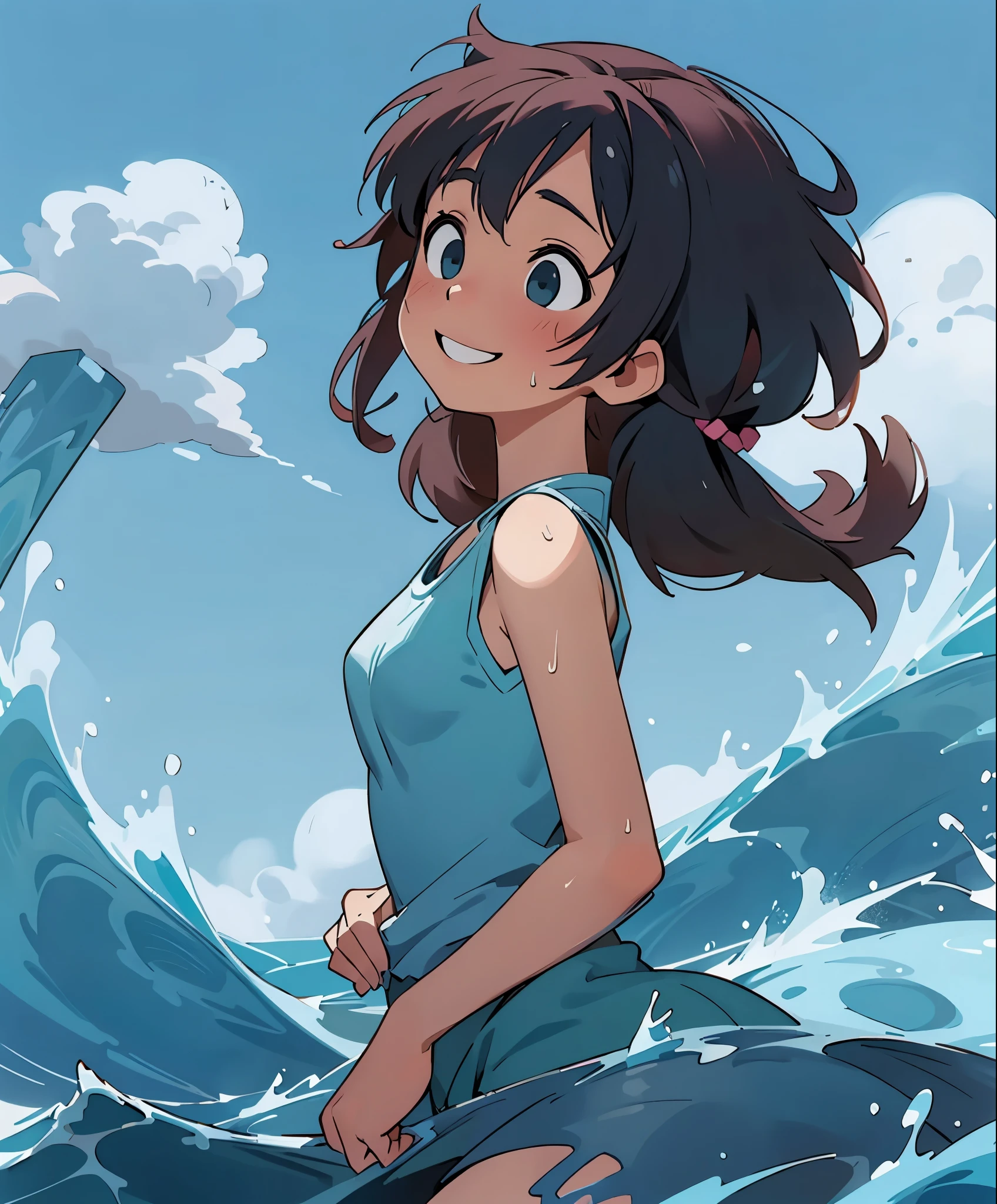 (masterpiece、highest quality、highest quality、official art、beautiful beautiful:1.2)、(1 girl:1.3)Hatsune Miku、twin tails,big breasts,masterpiece、look up from below、surfing、Let's ride the waves on a surfboard、nice balance、boyish girl、Redhead and wheat-colored skin、water着のラインに日焼け跡があります、Tank top、Look down with a smile、vast blue sky、landscape of youth、bursting sweat、into the cloud、1 page of summer、A smile with gritted teeth、wet hair、water、