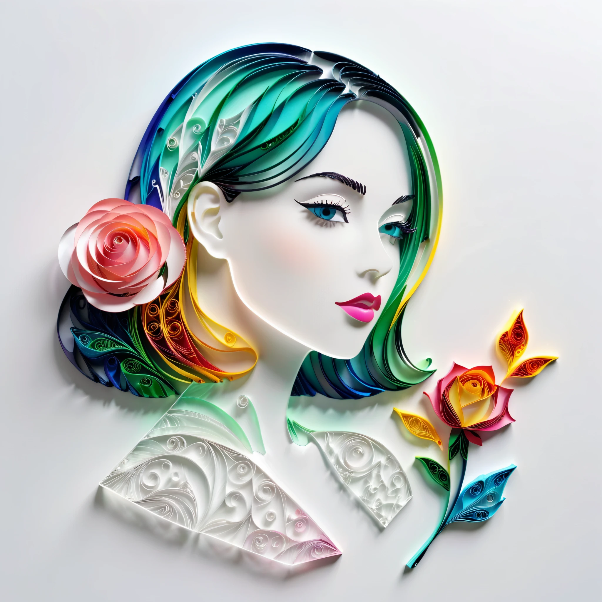 (hologram:1.5),Transparency Glass, silhouette of a beautiful woman,shoulder length straight bob hair,Colorful rose,White background,paper art,quilling paper art,zentangle, geomerty,3D render, Cinematic lighting effects