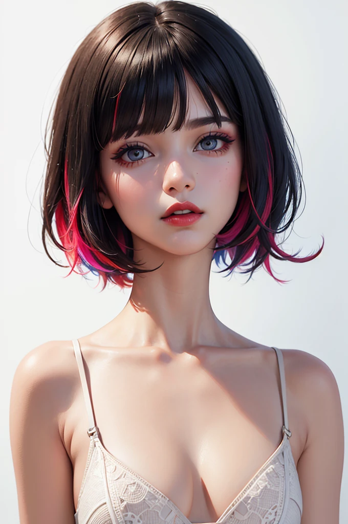 3D style,masterpiece, best quality,3d rending ,close-up,portrait, 3D,1girl, solo, multicolored hair, blue hair, black hair, necklace, freckles, jewelry, two-tone hair, looking to the side, realistic, upper body, simple background, bangs, looking away, short hair, parted lips, black eyes, lips, gothic, choker, makeup, mole, black shirt, shirt,