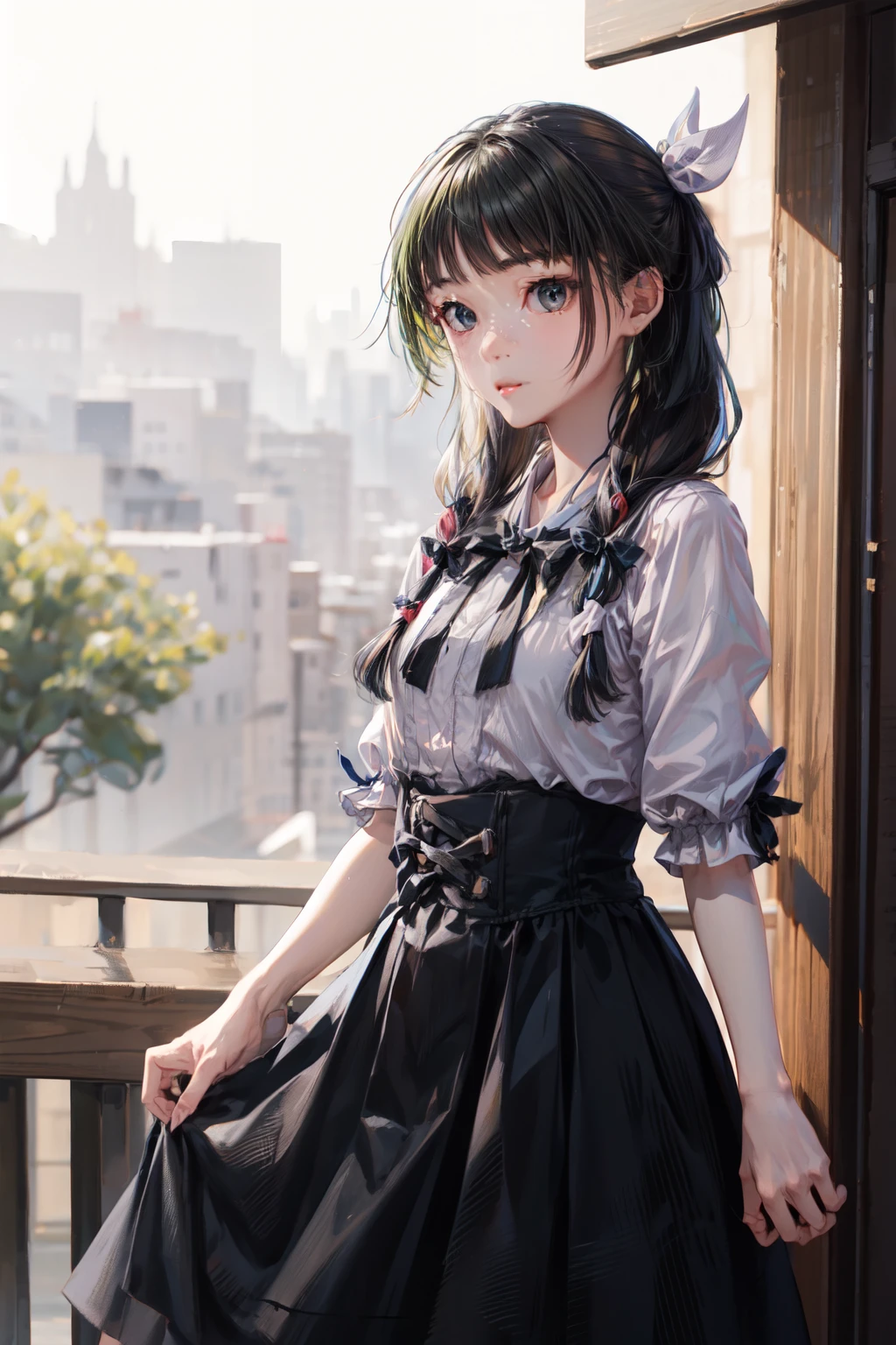jirai kei fashion、Wearing a black skirt、Ecup、hair is green、black ribbon