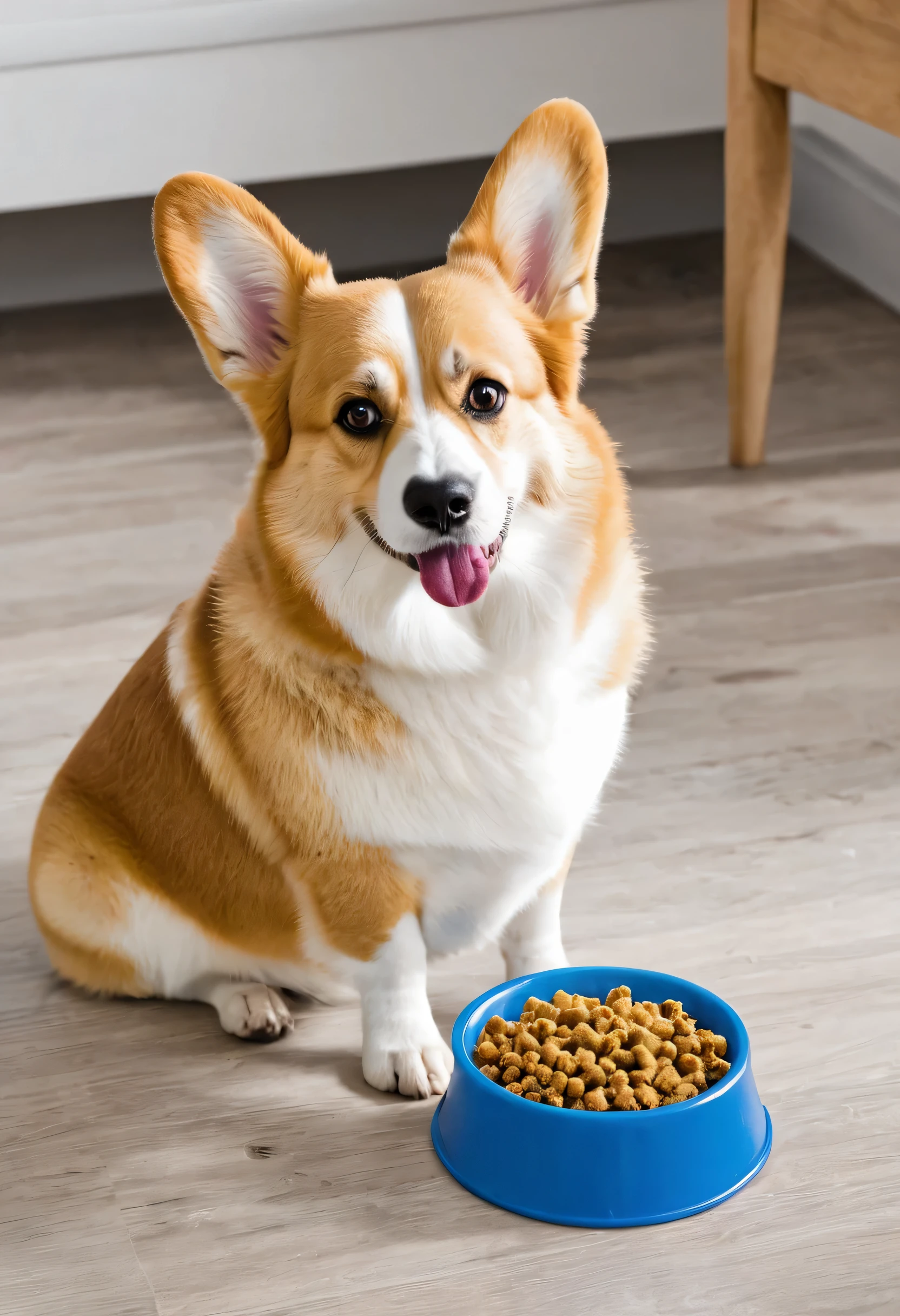 Corgi eats dog food and bones from a bowl