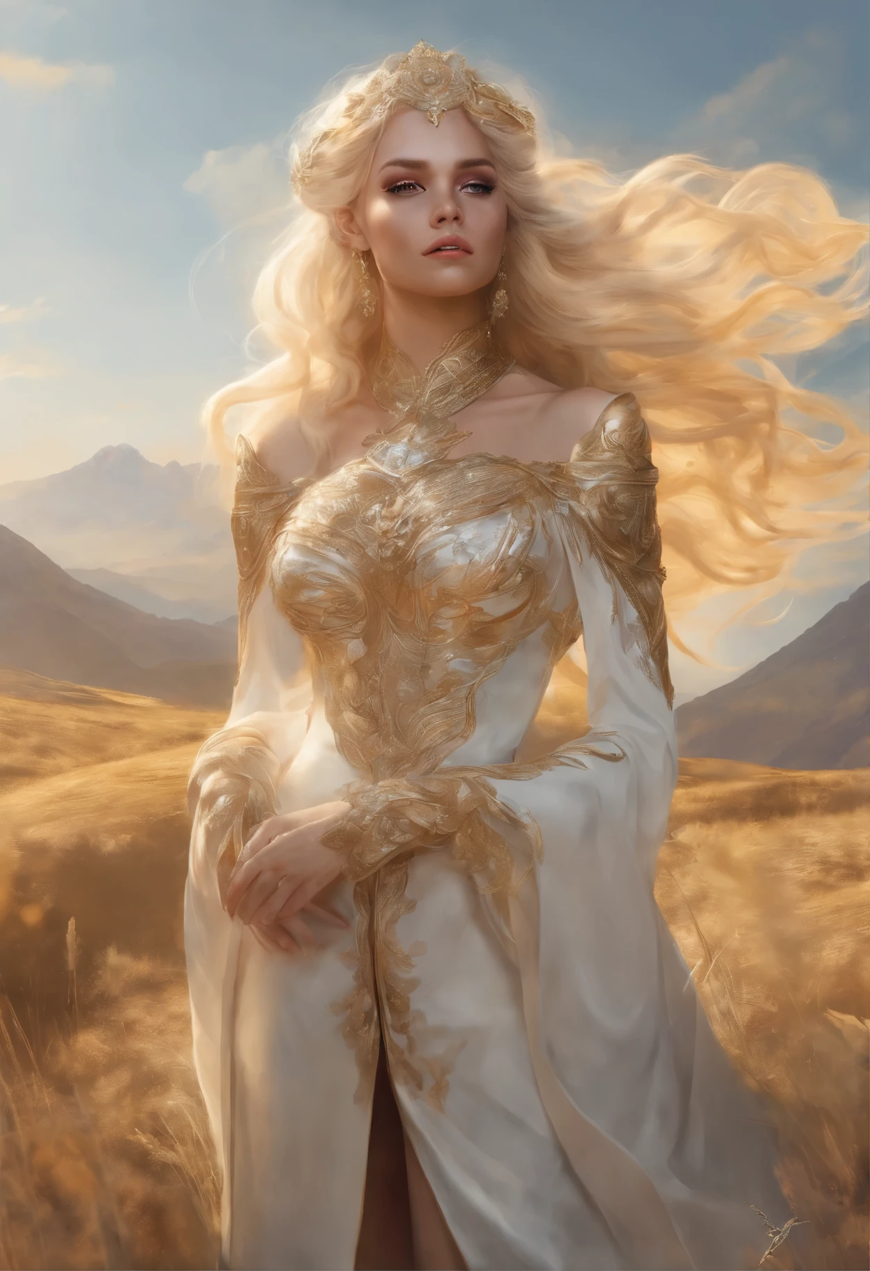 mulher loira com um vestido dourado posando em um campo, obras de arte no estilo de guweiz, princesa de cabelos loiros, karol bak uhd, Deusa Loira, estilo de arte de fantasia, linda donzela de fantasia, WLOP e Ross Tran, blonde elven empress, linda mulher sedutora, inspirado em WLOP, Obra-prima de Guweiz, realistic fantasy rendering