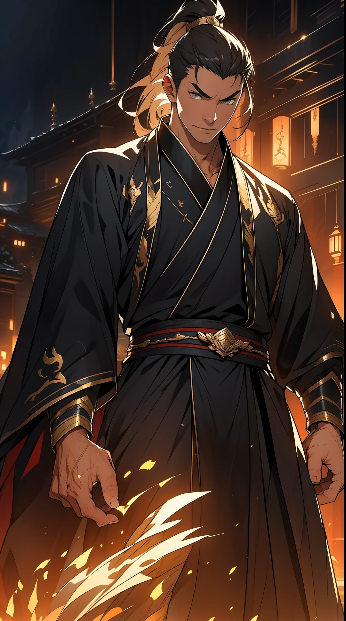 one person(male warrior),proportions are correct,facial details,swordsman,high ponytail hairstyle,neck detail,Have an Adam's apple,Black and gold robe,joke,Black and gold robe,clothing details,Hand over,long sleeves,Game quality,fencing,Ray tracing,Ray tracing,Detailed glow,CG rendering,hair details,Long black and blond hair,Black-gold eyes,Handsome,Handsome,(Youthful feeling),Costumes are complicated,Perfect composition,refine,high quality,higher details,many details,Complex background,a sense of atmosphere,