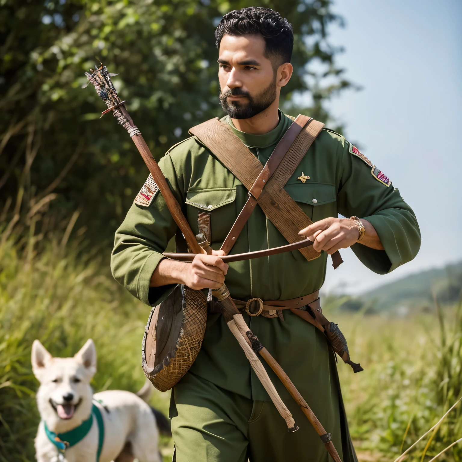 Mensageiro com cartas guerreiro, carrying a spear, vestido com uma armadura verde a amarela, protected by three white dogs