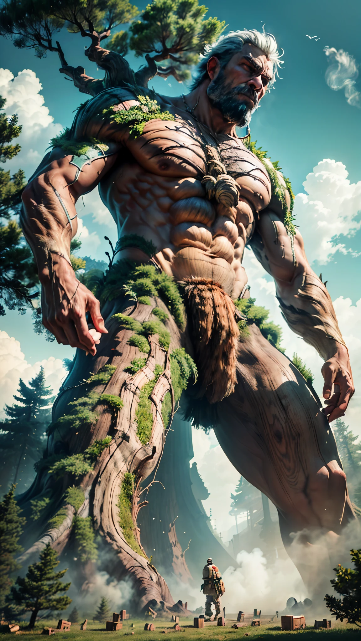(good structure),high dynamic range,ultra high definition,8k,Wooden giant,Giant Clan, bare tree, beard, blue sky, branch, cloud, cloudy sky, day, facial hair, male focus, mountain, nature, old, old man, outdoors, palm tree, plant, sky, solo, tree,Incomplete body,beard