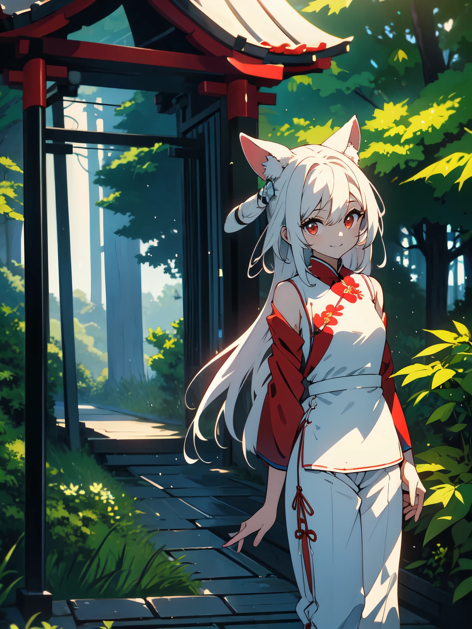(masterpiece, highest quality,High resolution、detailed beautiful face) ,(Shining eyes、smile),(1 girl、short and 、small shoulder width),(white animal ears on head) ,(long white hair),(trousers style cheongsam、red:1.6).(濃いredの目),(whole body), perfect eyes, perfect face,, cowboy shot,beautiful anime、Deep in the secluded forest、Shrine precincts