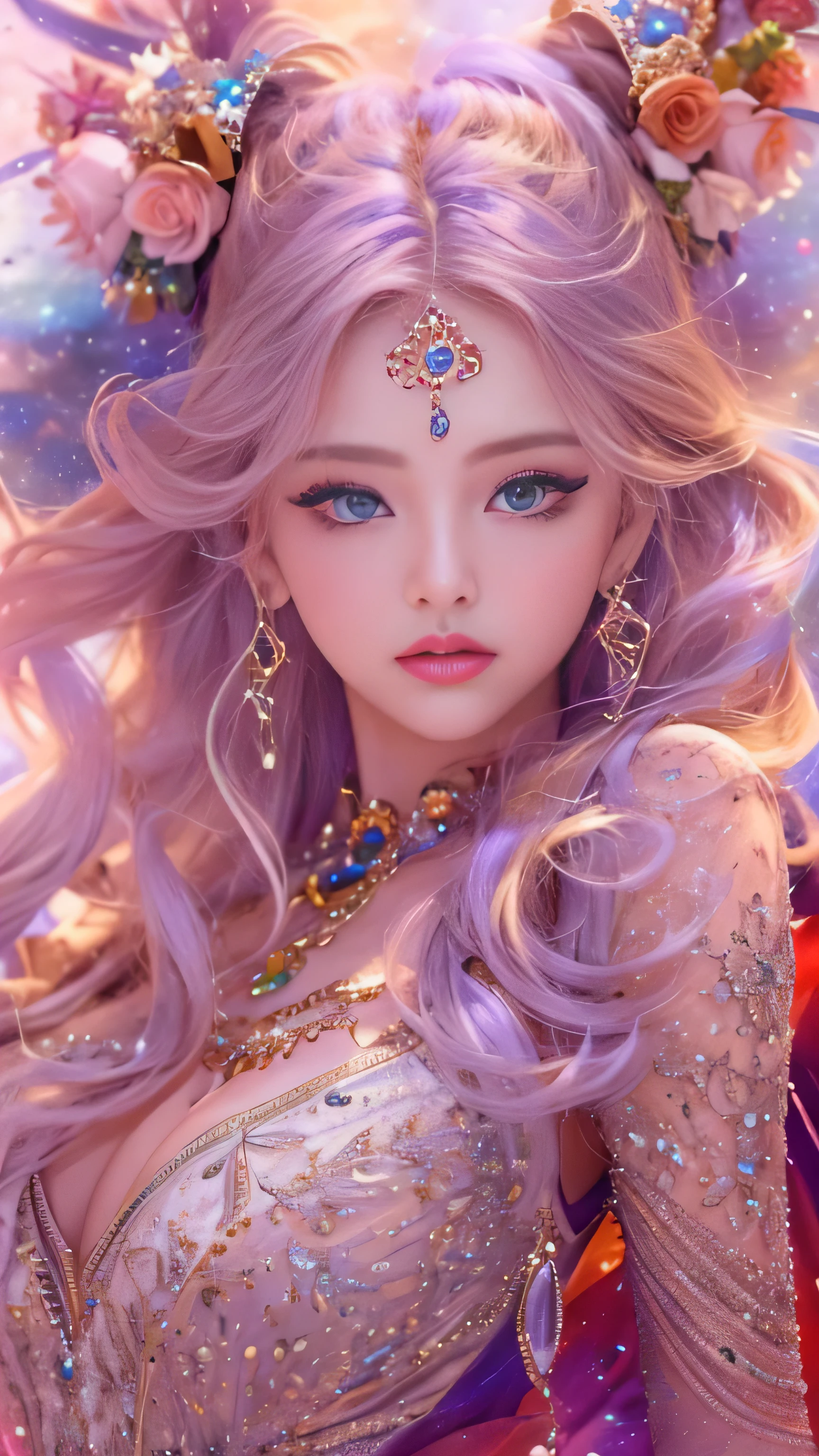 (portrait of goddess aphrodite)、(barefoot:1.5)、(超beautiful)、(beautiful顔:1.5)、(detailed face:1.5)、(precise fingers:1.5)、(full body shot:1.5)、(she sees this)、(sheer silk dress), dark and mysterious, mature perfect body, beautiful, well-proportioned red lips, many background objects, very detailed, magic light, Her long hair was dyed seven colors and tied up neatly.., Perfect round eyes、(細かくてbeautiful目:1.5)、(eyes are big and blue)、(Her makeup is also very neat and beautiful.)、Mystical Gemstones, (space:1.5), (milky way:1.3), (aurora background:1.3), highest quality、16K high resolution、Super detailed、masterpiece、(Live shooting:1.5)、(realistic:1.5)、(hyper realism:1.5)