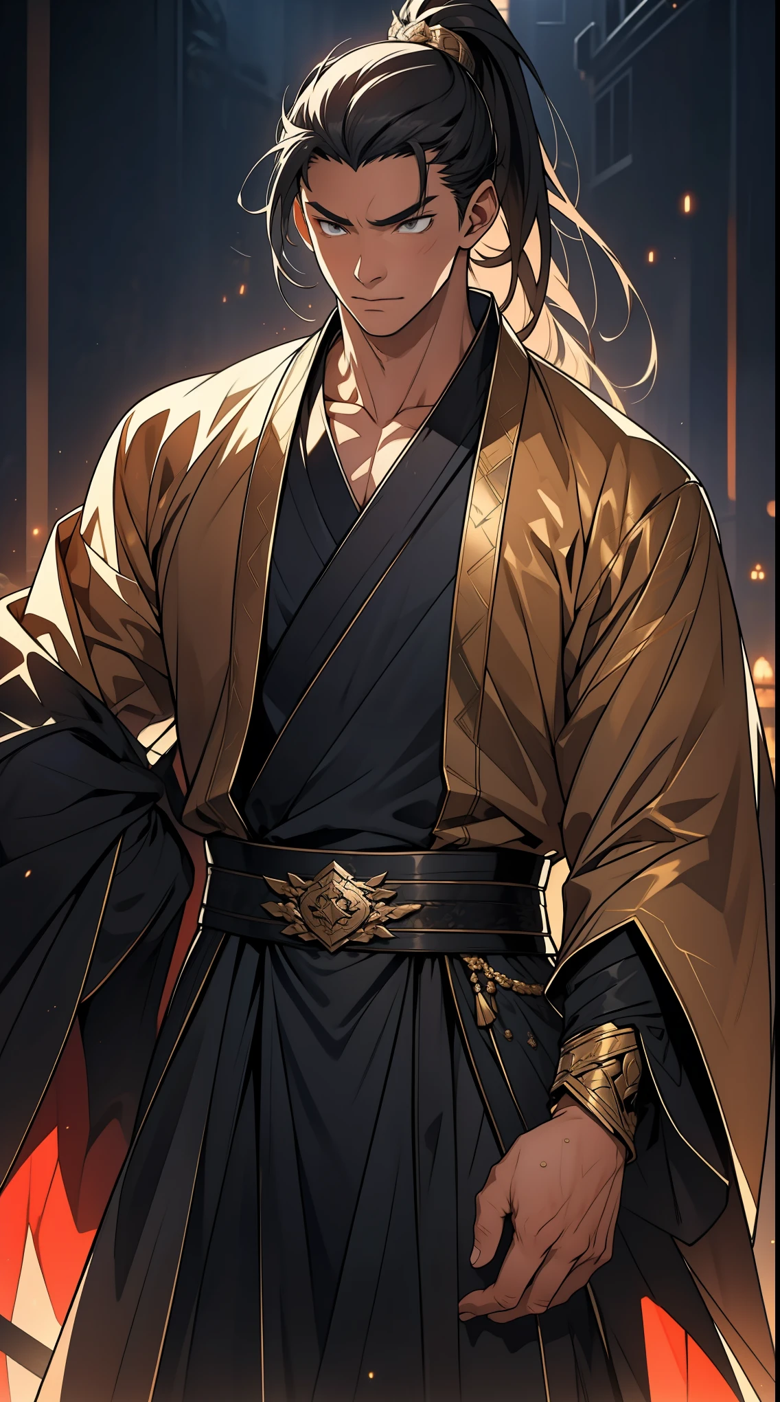 one person(male warrior),proportions are correct,facial details,swordsman,high ponytail hairstyle,neck detail,Have an Adam's apple,Black and gold robe,joke,Black and gold robe,clothing details,Hand over,long sleeves,Game quality,fencing,Ray tracing,Ray tracing,Detailed glow,CG rendering,hair details,Long black and blond hair,Black-gold eyes,Handsome,Handsome,(Youthful feeling),Costumes are complicated,Perfect composition,refine,high quality,higher details,many details,Complex background,a sense of atmosphere,