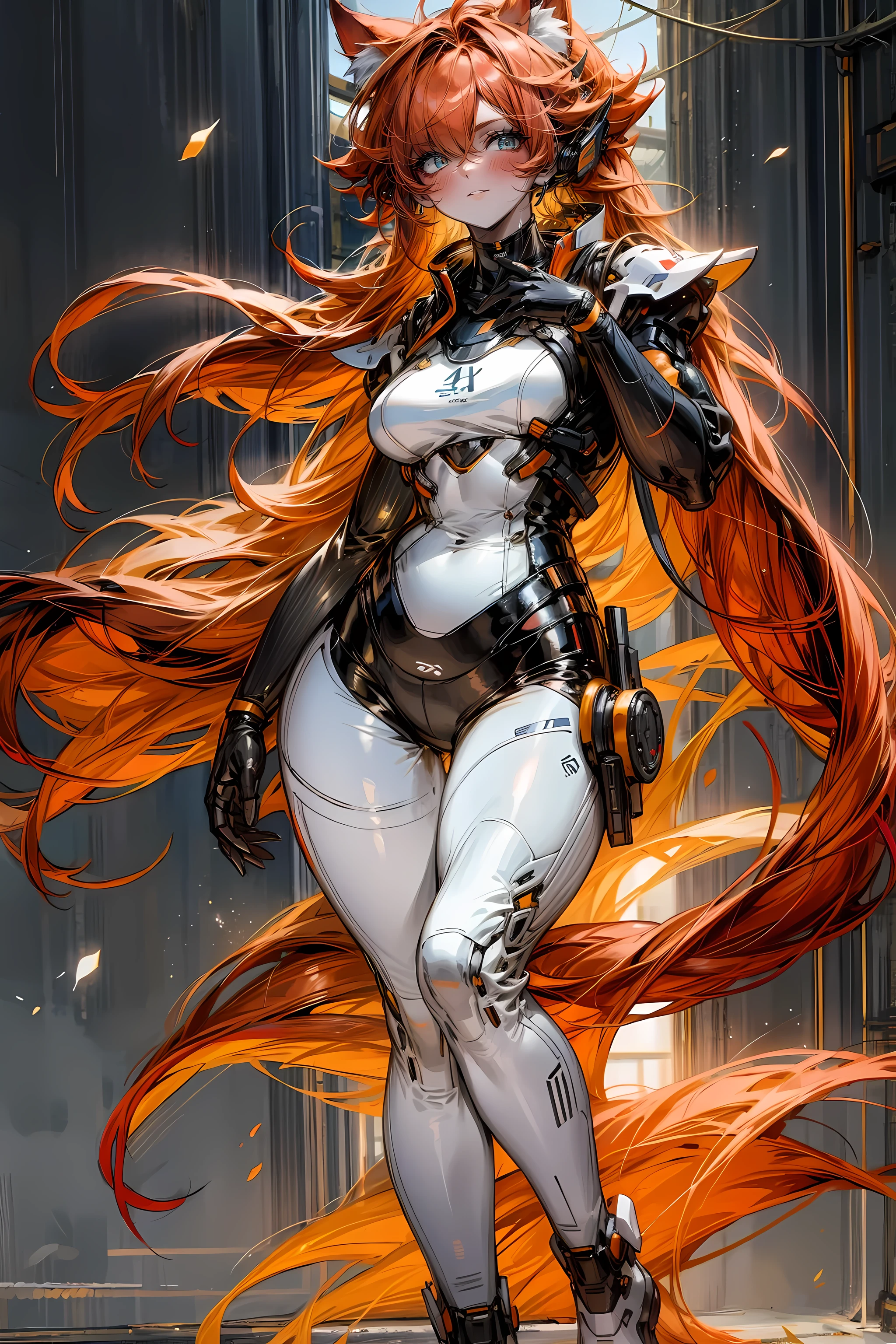 (best picture quality,4k,8k,HD,masterpiece:1.2),Ultra-fine,(actual,lifelike,lifelike度:1.37),portrait,landscape,rich and colorful,soft light,cute girl,beautiful and delicate eyes,Red hair,Orange fox ears,blue sci-fi suit,playful grin,shining eyes,A kind expression,fantasy background,peaceful atmosphere,magical atmosphere,anime style,whole body,