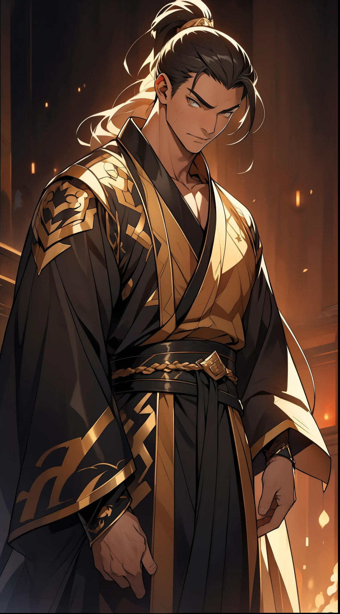 one person(male warrior),proportions are correct,facial details,swordsman,high ponytail hairstyle,neck detail,Have an Adam's apple,Black and gold robe,joke,Black and gold robe,clothing details,Hand over,long sleeves,Game quality,fencing,Ray tracing,Ray tracing,Detailed glow,CG rendering,hair details,Long black and blond hair,Black-gold eyes,Handsome,Handsome,(Youthful feeling),Costumes are complicated,Perfect composition,refine,high quality,higher details,many details,Complex background,a sense of atmosphere,