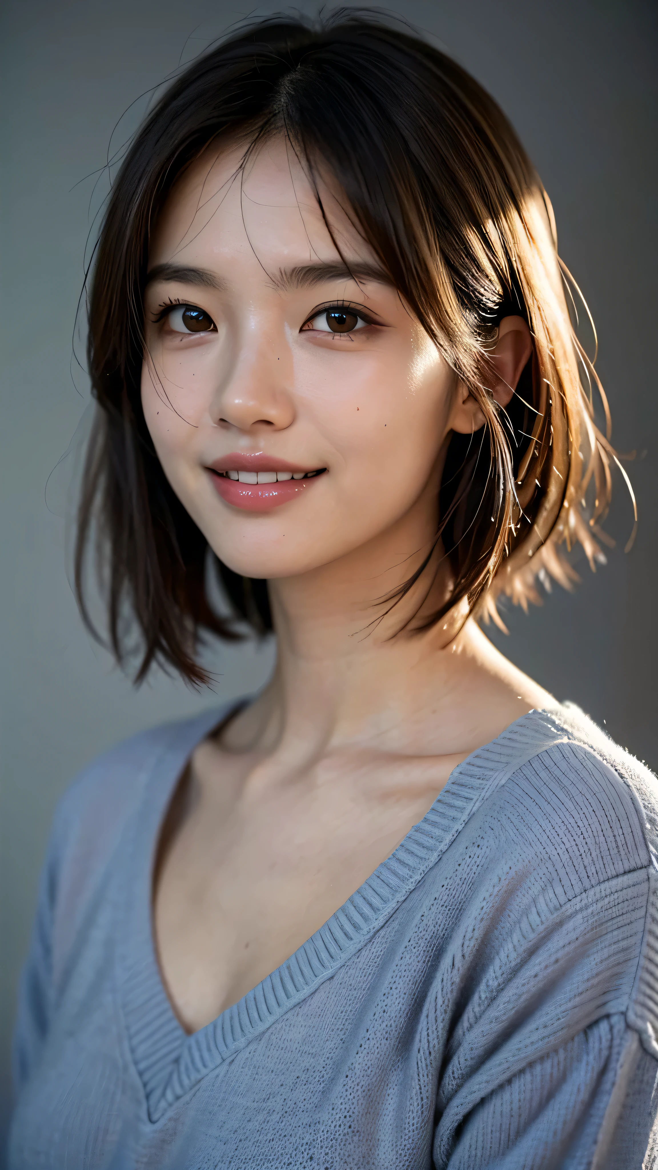 wear, (photo actual:1.4), (hyper actual:1.4), (actual:1.3), (Smoother lighting:1.05), (Improve movie lighting quality:0.9), 32k, 1 girl,20 year old girl, actual lighting, Background gray wall, light shines on your face, Ray tracing, (Bright light:1.2), (Quality improvement:1.4), (Highest quality actual textured skin:1.4), beautiful eyes, Detailed face, high quality eyes, (tired, sleepy and content:0.0), face close-up,Smile,teeth visible, bob short hair，brown hair,shirt underneath light blue sweater