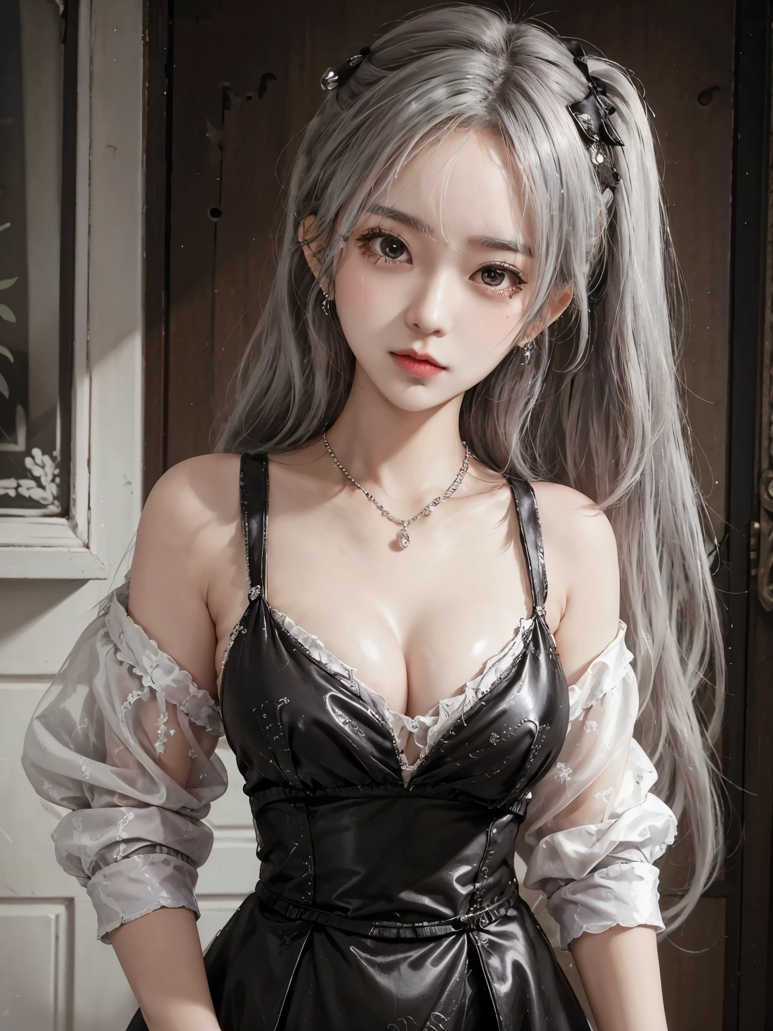 high quality, Rich in details, Silver-haired girl with twin ponytails posing cutely. They wear retro gothic clothes, put on bracelet, earrings and necklaces. you can even see it. The photo is a close-up of the face, There is cleavage, shiny breasts, cleavage sweating, and sexy breath.