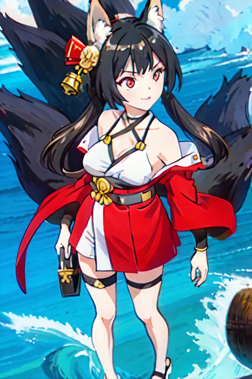 black hair, red eyes, angry face, using bikini on a beach