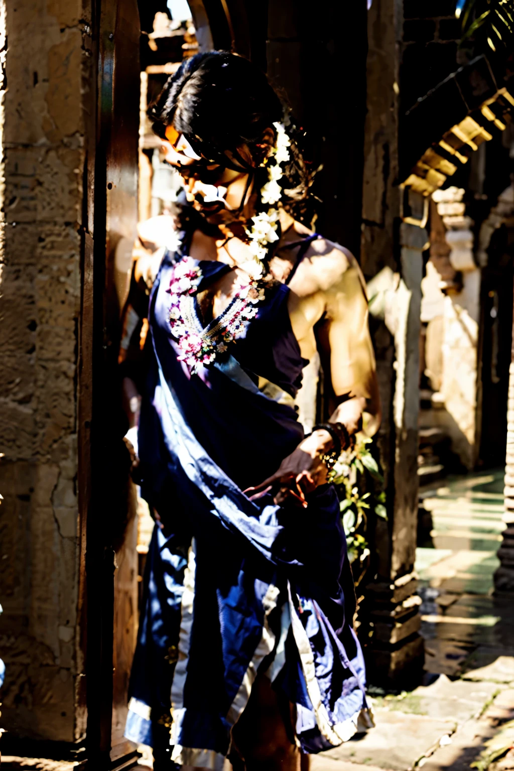 CREATE PARASURAMA WITH SAME HAIR STYLE AND POSE WITH SAFRON DRESS AND BEHIND HIM A GROUP OF SADHUS FOLLOWING HIM AND IN A DISTANCE A SRI CHAKRAM SHAPED TEMPLE SEEN IN A WARM SUNNY RAYS