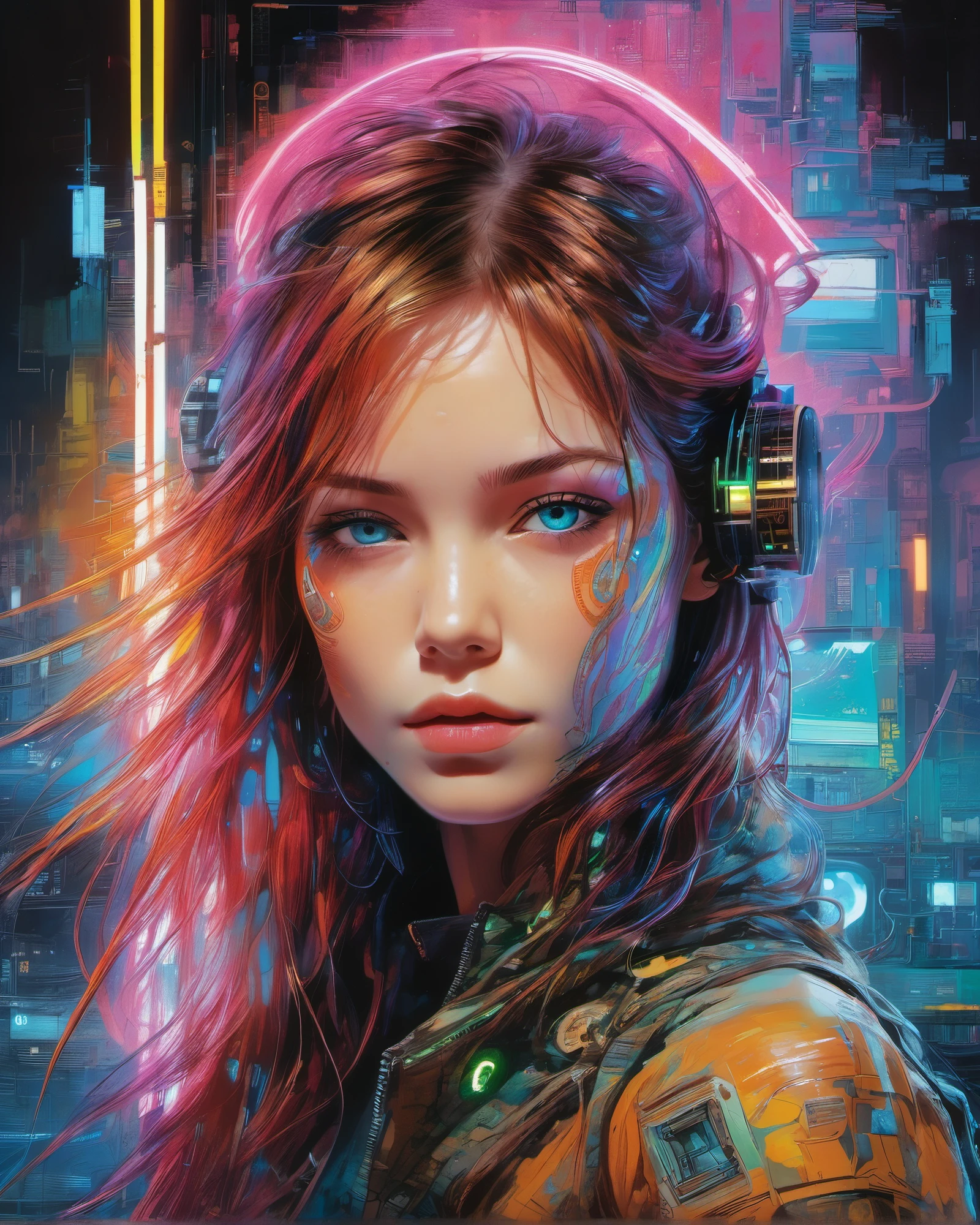 (masterpiece, Neon:1.3), imagine (Laurence Bedard:1.5) in an entrancing cyberpunk scene in the mesmerizing style of Carne Griffiths, featuring a (Laurence bedard cyborg girl with long hair:1.6) amidst the Poison of Quicksand within an Abandoned Space Station.
In this artwork, the young bedard cyborg girl's appearance embodies the essence of Carne Griffiths' distinctive artistry. Her long hair flows like delicate tendrils, intertwining with neon-colored circuits that illuminate her cybernetic enhancements. Her eyes, a hypnotic blend of human and digital, seem to transcend the boundaries of reality.