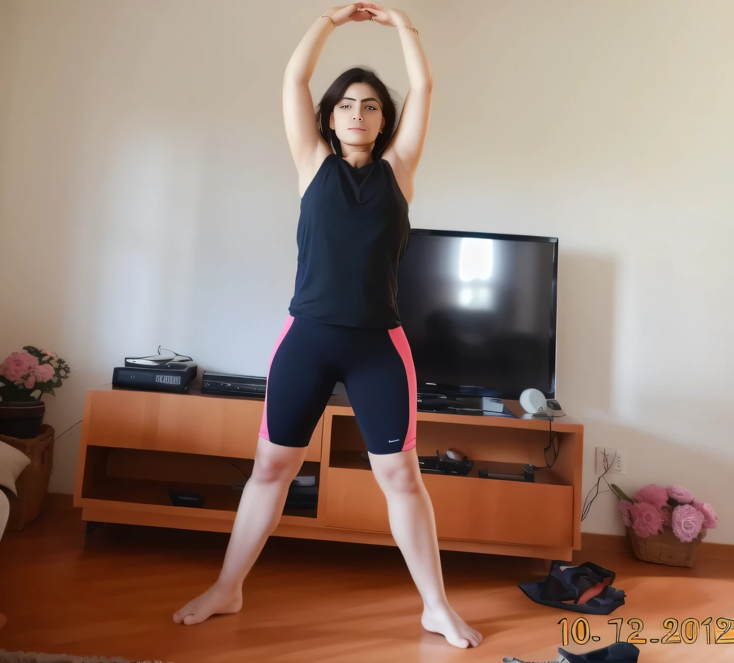 there is a woman standing in a living room doing a yoga pose, athletic standing pose, standing pose, frontal pose, full body dynamic pose, symmetrical pose, dramatic standing pose, t pose, dynamic stretching, dynamic pose full body pose, t pose, t pose, pointed pose, forward facing pose, full body dynamic pose, dynamic energetic pose. Detailed and intricate environment, intricate painting, HD, captivating, extraordinary, phenomenal, remarkable, aesthetic, artistic, charming, sophisticated, beautiful, ((masterpiece)), (((best quality))), ((ultra detail) ), UHD, 8K, (((high definition))), ((illustration)), ((extremely realistic)) , (reflections), sharp focus, front lighting, ((beautiful and extremely detailed eyes)), (extremely delicate and beautiful woman), ((brown eyes)), wavy hair, ((extremely detailed eyeedium chest, radiant skin, luminous, glowing, glowing skin, cinematic lighting mask, depth of field, dynamic angle, gaze for the viewer, (difficulty 1.4), ((macro, photograph, detail, face, eyes, nose, lips, eyebrows)), ((extremely detailed and real