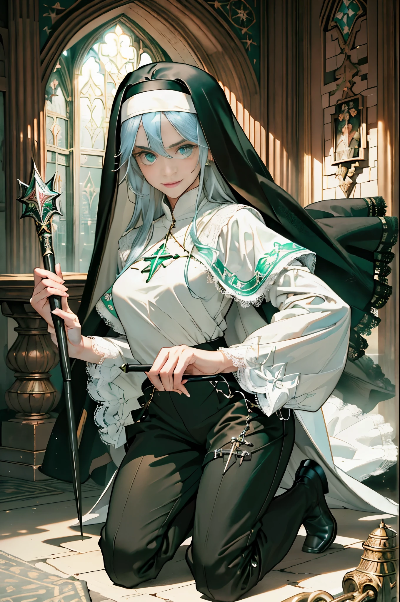 masterpiece, ultra detailed, 8k portrait, RAW photo, portrait photography, Highly detailed face, beautiful and meticulous eyes, ((Fantasy)), (((solo))), Young beautiful, smile, (((Nun))), (((((woman posing for a photo))))), ((light blue long thin hair)), ahoge, forehead, Gentle face, White skin, armpit, (((green and white puffy sleeve lace priest robes))), ((brown cape)) Fluttering in the wind, (((lowleg kneel length pants))), Leather boots, ((((equip a magic wand)))), Midday Sun, Hyper realistic, Body model, Small breasts, Beautiful breasts, Long legs, in the medieval adventurer's INN, Ambient lighting, Shadow details, Camera focus on face, strong breeze, Light fog