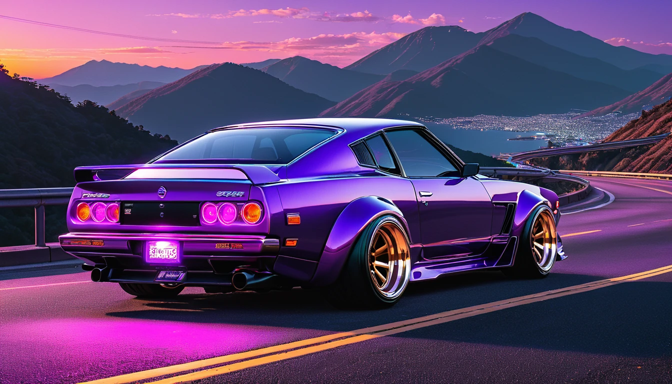 retrowave. city, 1969 Nissan S30, wide body kit, road, purple neon lights, sun, mountain,
(masterpiece,detailed,highres),