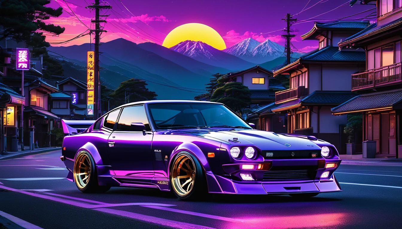 retrowave. city, 1969 Nissan S30, wide body kit, road,  purple neon lights, sun, mountain, 
(masterpiece,detailed,highres),