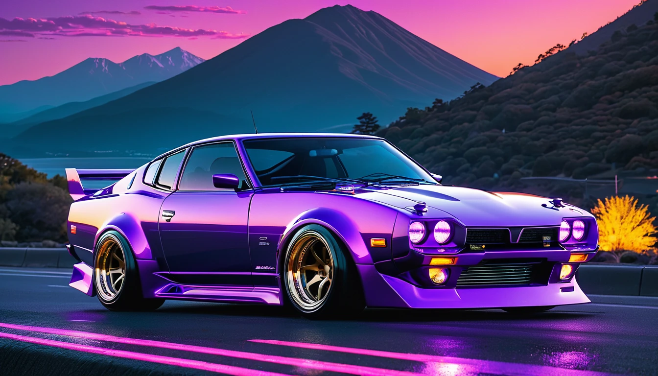 retrowave. city, 1969 Nissan S30, wide body kit, road,  purple neon lights, sun, mountain, 
(masterpiece,detailed,highres),