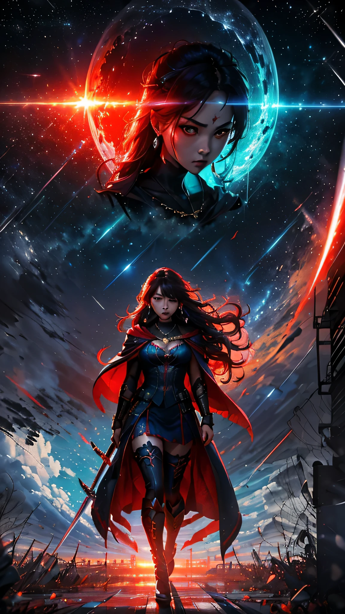 最high quality、best image quality、masterpiece、girl((20-year-old、 By becoming、vest bust、medium bust,wide open breast tea、shining eyes, neon hair、long hair、thin,highest valley、Black Hero Suit、Red Hero Mask、blue cloak、scream、full body tattoo,diamond earrings、Wristband、necklace,dual sword style)),high quality、beautiful art、background((night、red thunder、storm、gust of wind、tornado))、Flight、debris flies、Depth of written boundary、movie、visual art、perfect art、8k,genuine、
