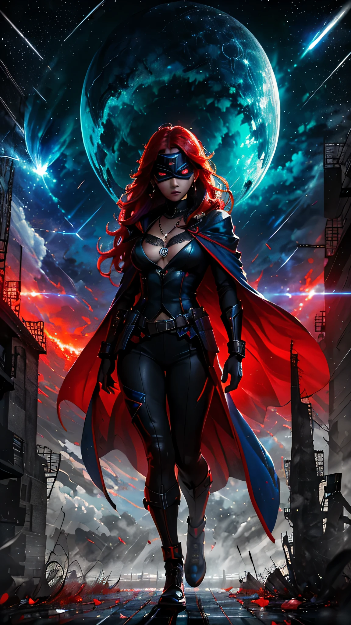 最high quality、best image quality、masterpiece、girl((20-year-old、 By becoming、vest bust、medium bust,wide open breast tea、shining eyes, neon hair、long hair、thin,highest valley、Black Hero Suit、Red Hero Mask、blue cloak、scream、full body tattoo,diamond earrings、Wristband、necklace,dual sword style)),high quality、beautiful art、background((night、red thunder、storm、gust of wind、tornado))、Flight、debris flies、Depth of written boundary、movie、visual art、perfect art、8k,genuine、