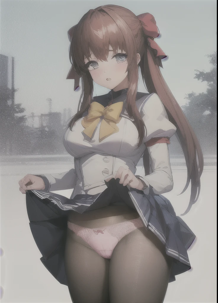 TRUE BLUE, 1 girl, alone, hair ribbon, school uniform, long sleeve, bow tie, blue skirt, white stockings, looking at the viewer, parted lips, abstract background, cowboy shot, skirt hold, blush, pantyhose, pink panties,