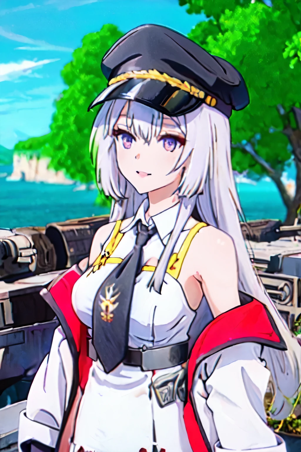 1girl, enterprise (azur lane), hat, necktie, black necktie, shirt, long hair, white hair, solo, sleeveless shirt, purple eyes, skirt, sleeveless, peaked cap, black coat, coat, white shirt, black belt, umbrella, belt, bare shoulders, outdoors, white headwear, collared shirt, very long hair, breasts, blurry, open clothes, off shoulder, tree, smile, open coat, military hat, blurry background, shaded face