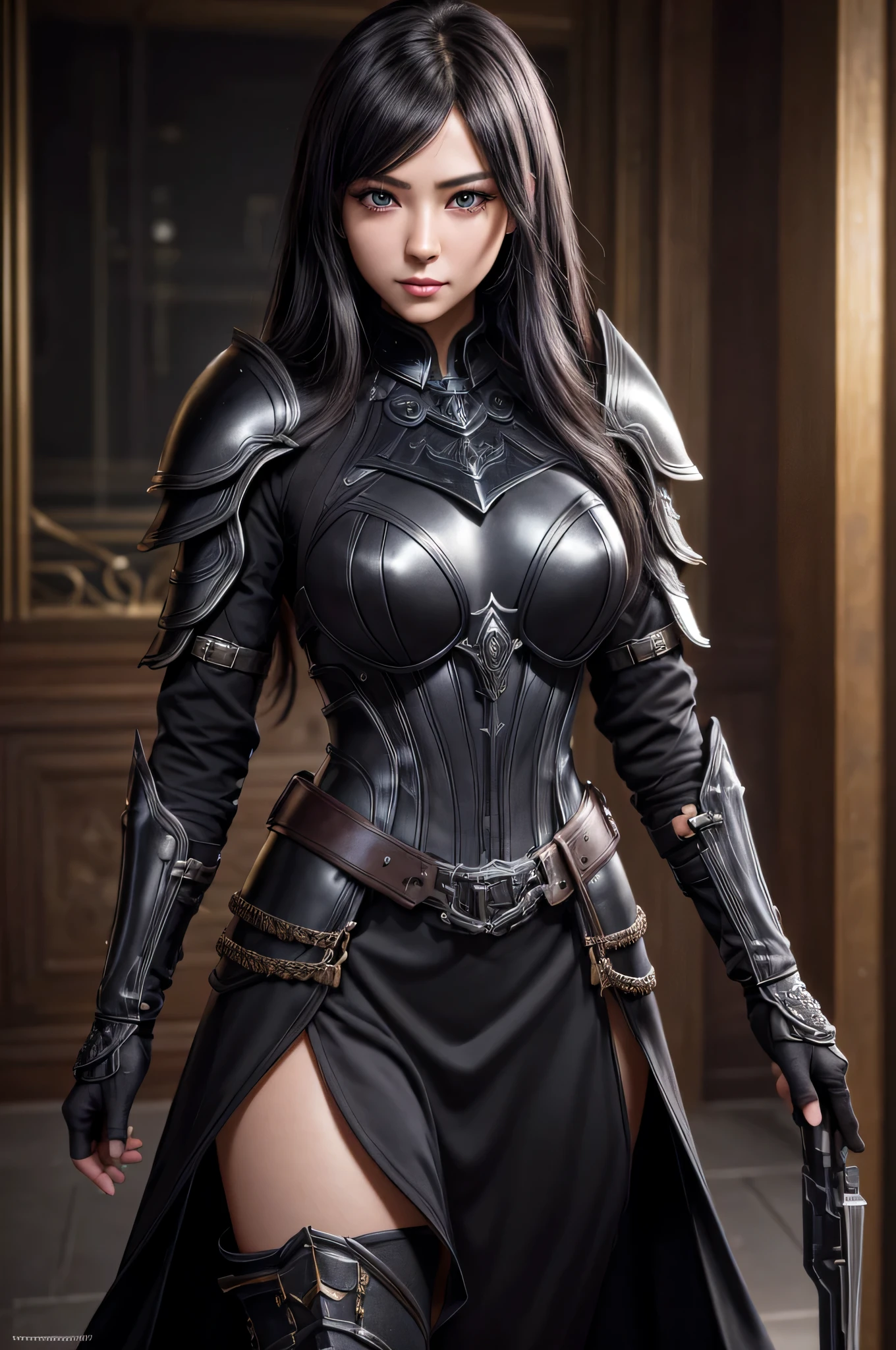 Highest image quality、masterpiece、ultra high resolution、(Photorealsitic:1.4)、Raw photo、1 girl、black hair、Glossy skin、((Super realistic details))、Portrait、global illumination、shadow、octane rendering、8K、ultra sharp、metal、intricate ornamental details、Steampunk Detail、hydraulic cylinder、very intricate details、realistic light、CG Society Trend、purple eyes、shining eyes、facing the camera、Dark Weapon, dark armor dress, show viewer, Dark Weaponを装備, dark colored gloves, hair between eyes, black dress, chest plate, black armor