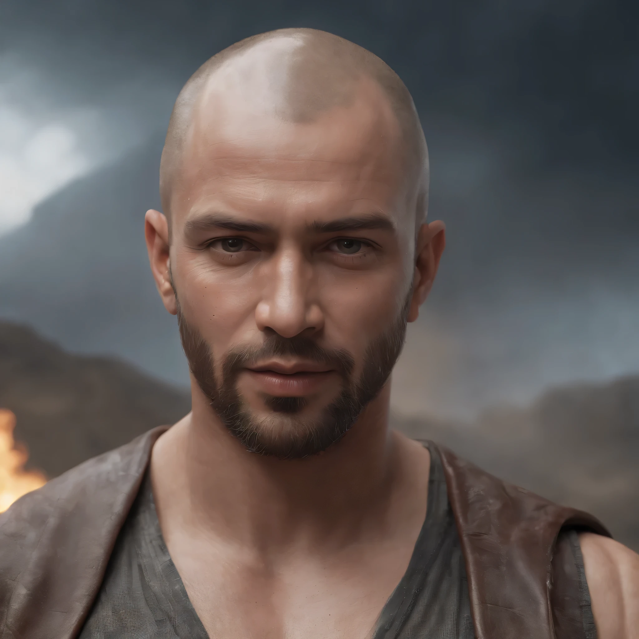 (Professional 3D rendering:1.3) de (Realistic:1.3) Foto de arte mais bonita do mundo,Features soft, bright male heroes, ((Epic hero fantasy rough muscular man wet hero angry look bald head short beard and fierce expression in dynamic pose, fantastic location, majestoso ambiente desordenado)), corpo inteiro 8k unidade render, action shot, poros da pele, very dark lighting, sombreamento pesado, circunstanciado, Rosto detalhado, (vibrante, fotogrdeia realista, Realistic, Dramatic, Escuro, sharp focus, 8k), (Old leather clothes damaged by bad weather:1.4), ((((Use peles)))), (intrincado:1.4), decadente, (altamente detalhado:1.4), pintura digital, rendering by octane, art stations, Conceito-Arte, liso, sharp focus, illustration, germe da arte, (Loish:0.23), Wlop Ilya Kuvshinov, e Greg Rutkowski e Alphonse Mucha Gracias, (global ilumination, studiolight, Light Volumetric), chuva forte, floating particles, patife, fantasia, Onze, corpo inteiroesbian, ((Fundo escuro e antigo da cidade:1.3)),CGSesociedade,art stations